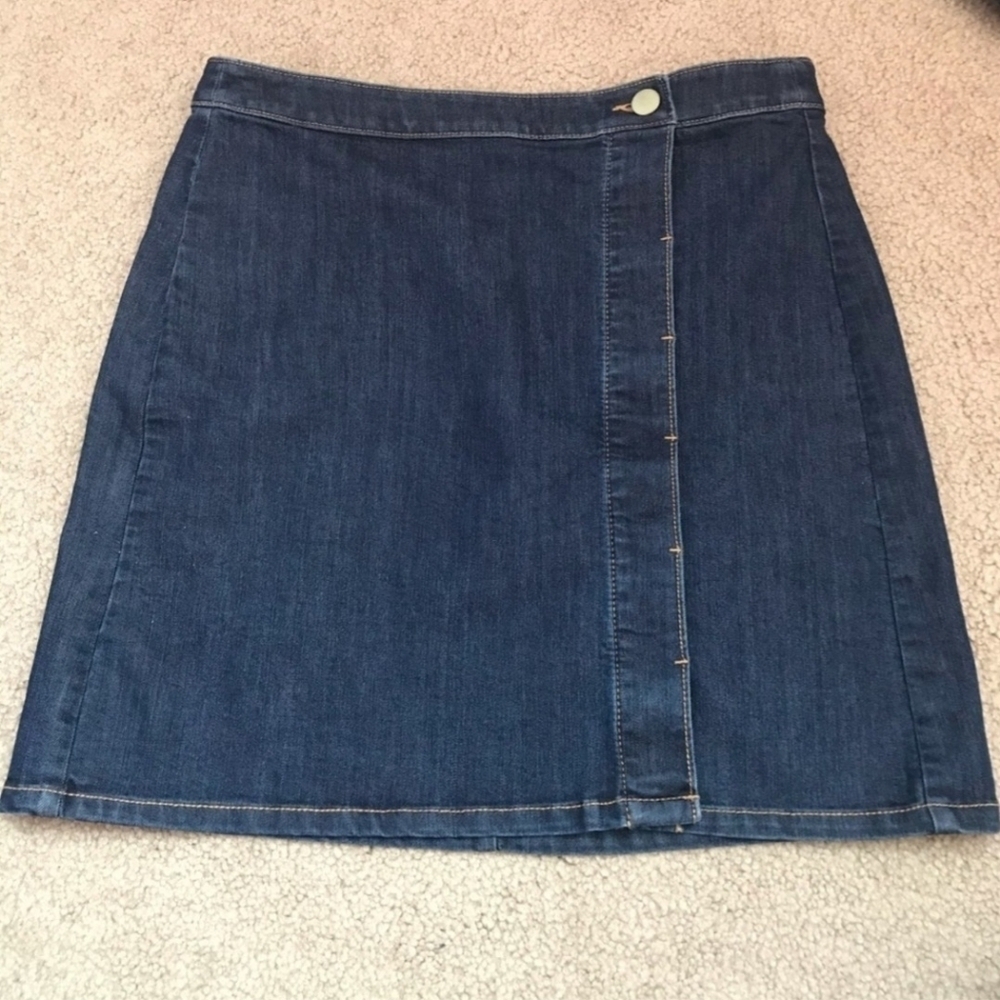 LOFT Dark Wash Blue Jean Denim Button Front A-line Mini Skirt Women's Size 2 EUC